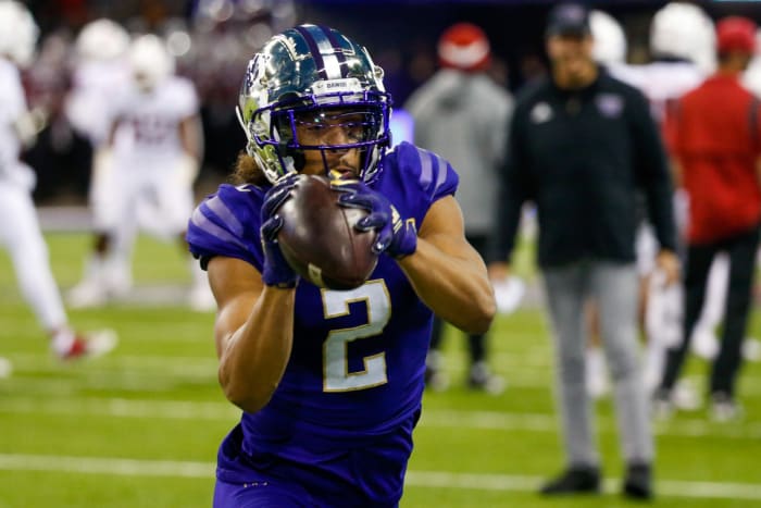Nov 26, 2021; Seattle, Washington, USA; Washington Huskies defensive back Kyler Gordon (2) participates in pregame warmups against the Washington State Cougars at Alaska Airlines Field at Husky Stadium. Mandatory Credit: Joe Nicholson-USA TODAY Sports